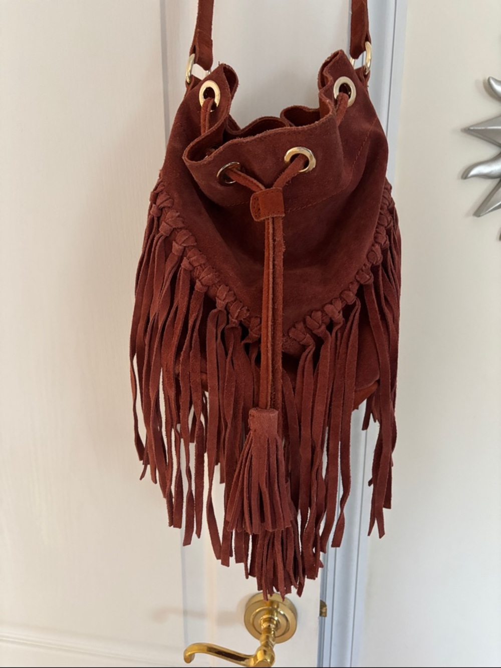 Zara Rust Suede Fringe Drawstring Crossbody Boho Bag